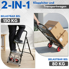 Ikodm 2-in-1 Treppensackkarre mit 2-stufige/3-stufige Trittleiter, klappbar