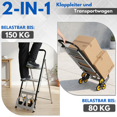 Ikodm 2-in-1 Treppensackkarre mit 2-stufige/3-stufige Trittleiter, klappbar