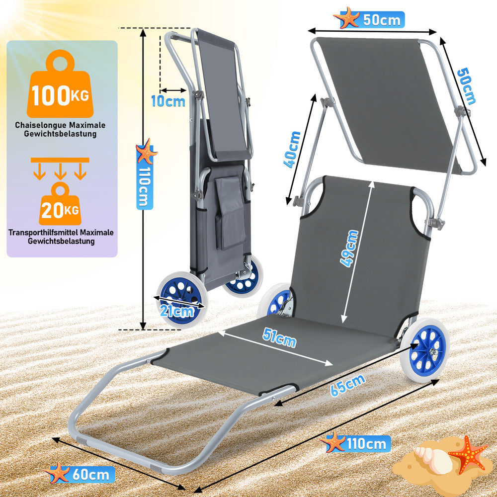 Ikodm 2-in-1 Aluminium Sonnenliege mit Rollen, klappbar & verstellbar