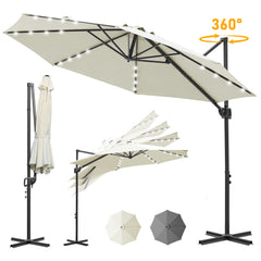 Ikodm Ampelschirm Ø300 cm inkl. Kreuzfuß 360° drehbarer Grau/Beige mit Solar-LED