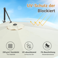 Ikodm Ampelschirm Ø300 cm inkl. Kreuzfuß 360° drehbarer Grau/Beige mit Solar-LED