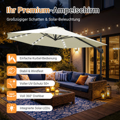 Ikodm Ampelschirm Ø300 cm inkl. Kreuzfuß 360° drehbarer Grau/Beige mit Solar-LED