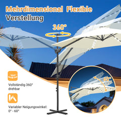 Ikodm Ampelschirm Ø300 cm inkl. Kreuzfuß 360° drehbarer Grau/Beige mit Solar-LED