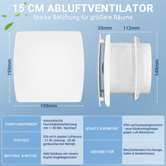 Ikodm Badlüfter 100/150mm Feuchtigkeitssensor Timer leise 35dB Abluftventilator Weiß