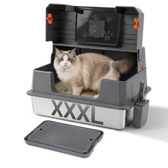 Ikodm Edelstahl Katzenklo XXXL mit hohem Rand, halb offen