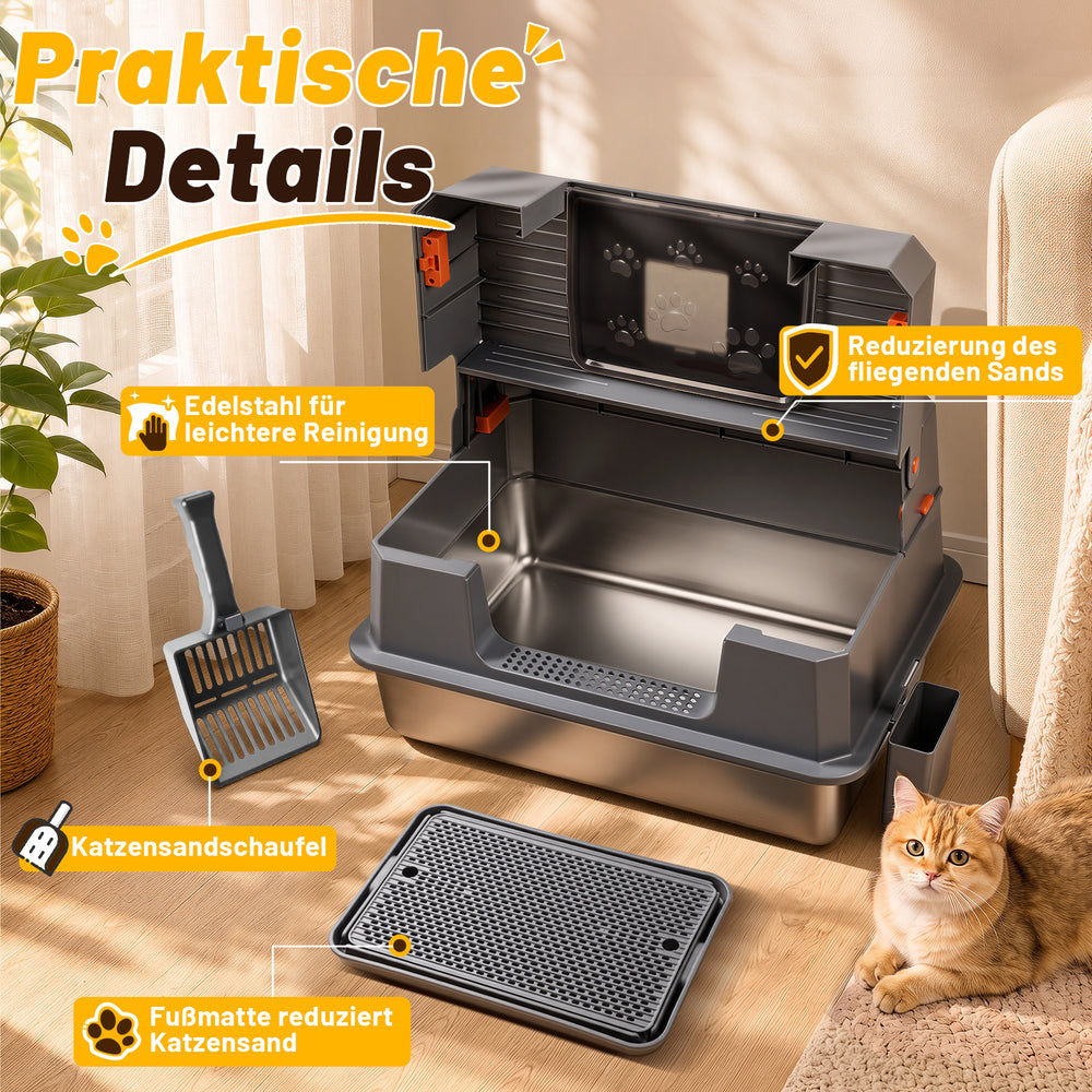 Ikodm Edelstahl Katzenklo XXXL mit hohem Rand, halb offen