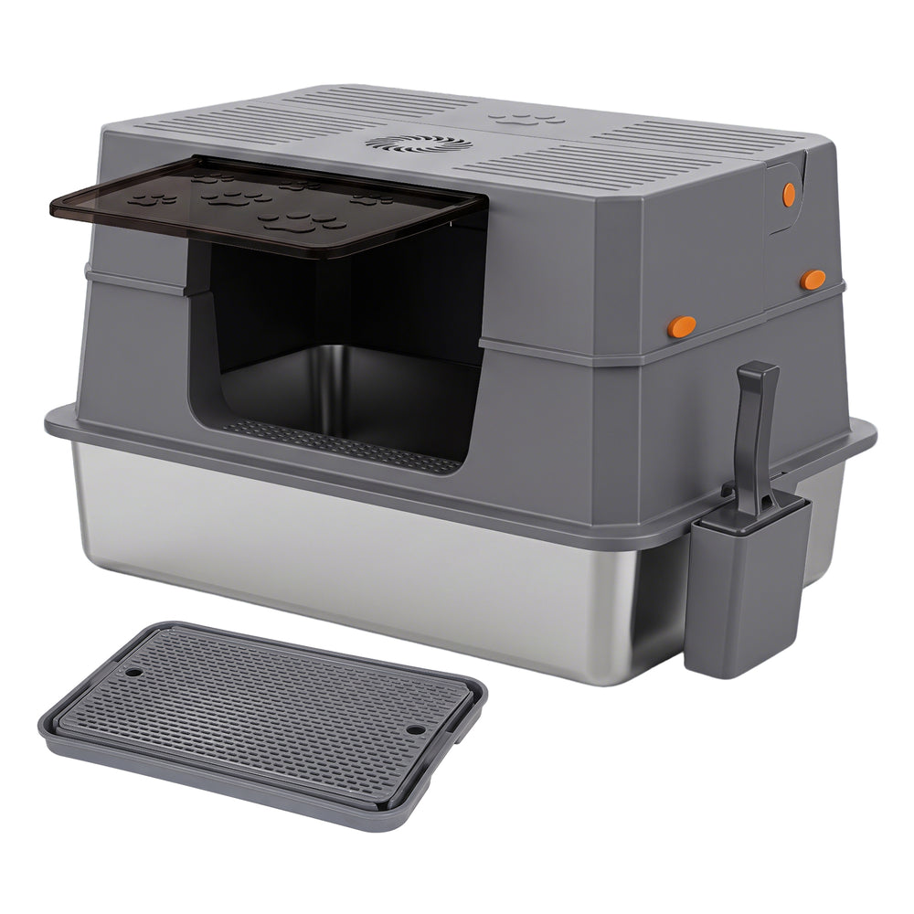 Ikodm Edelstahl Katzenklo XXXL mit hohem Rand, halb offen