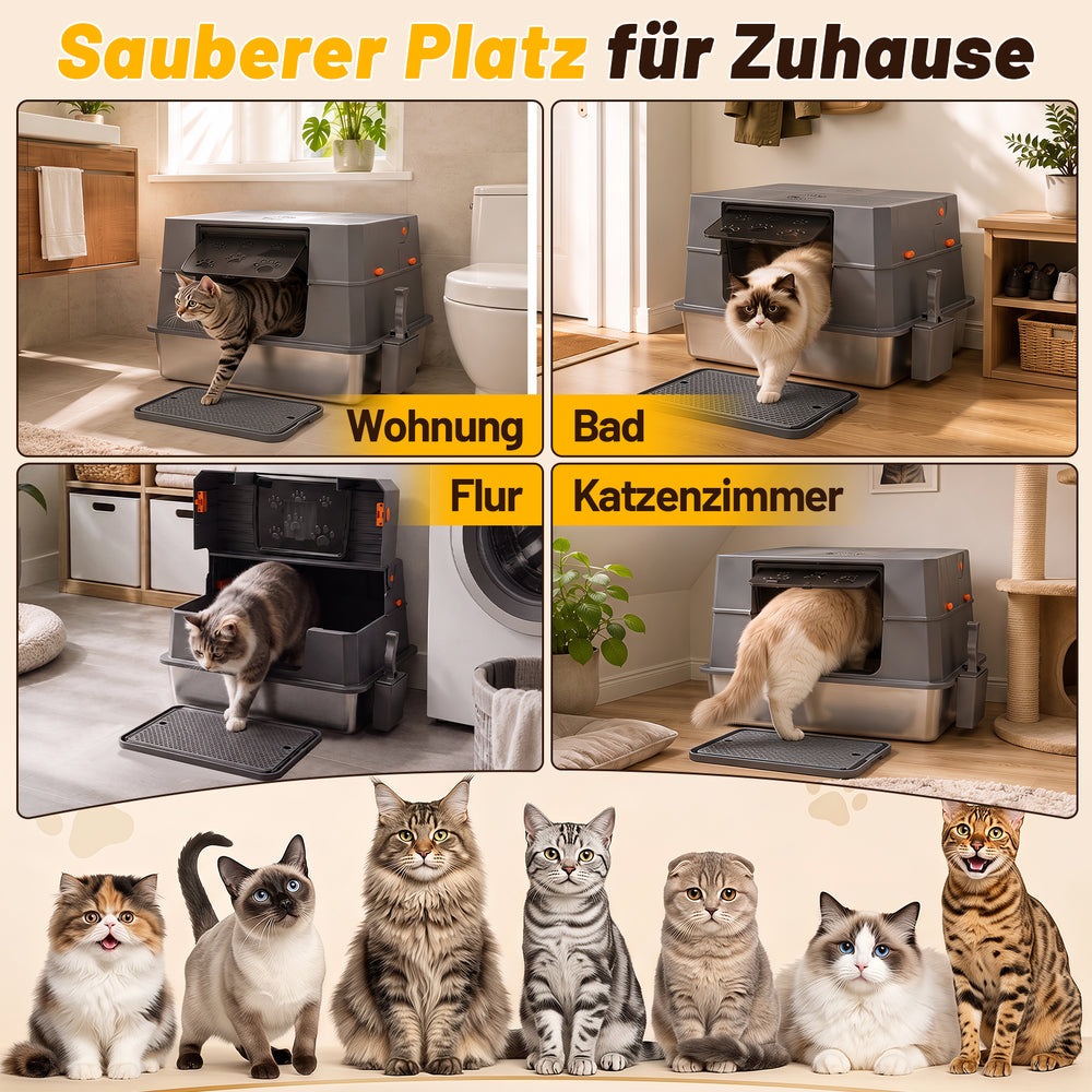Ikodm Edelstahl Katzenklo XXXL mit hohem Rand, halb offen
