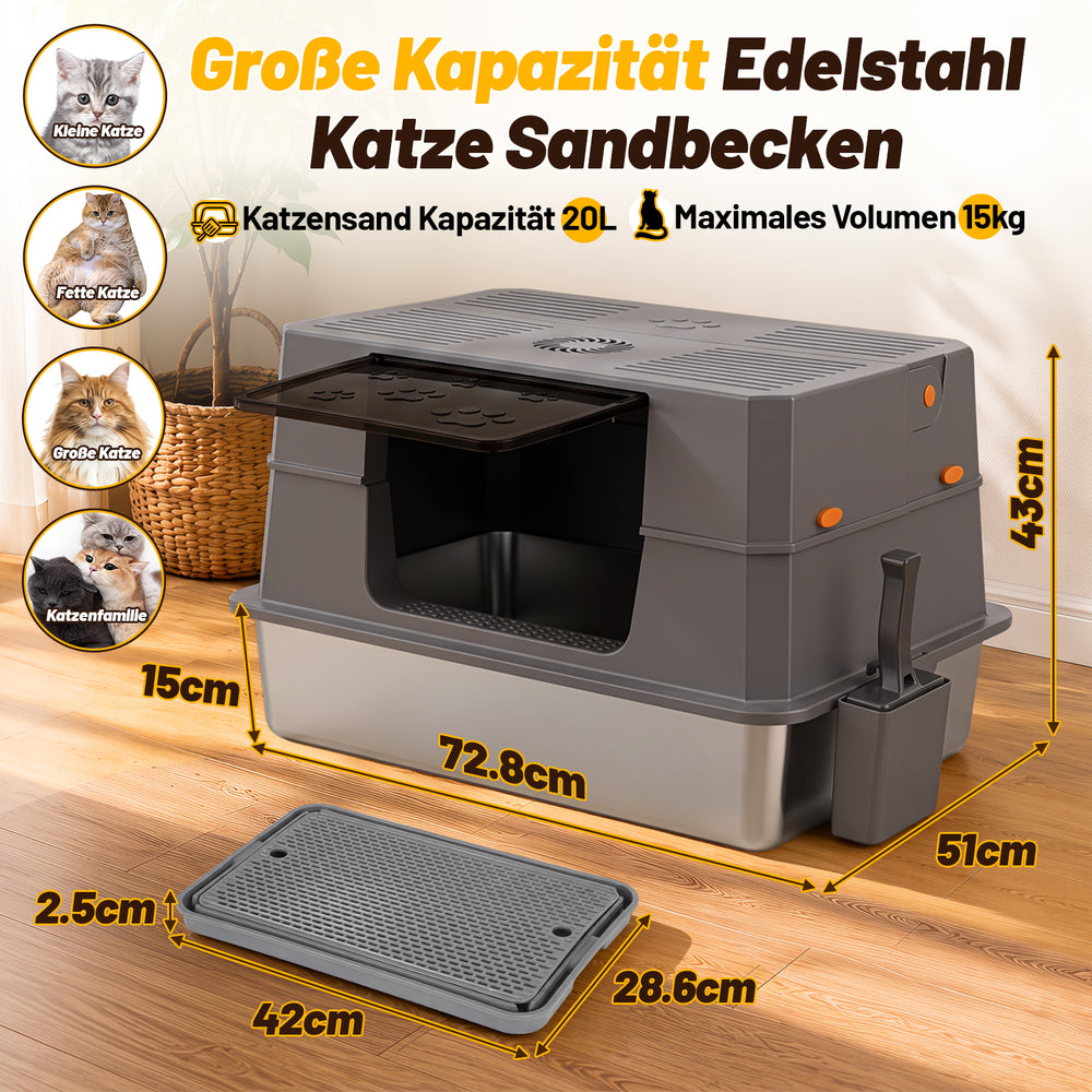 Ikodm Edelstahl Katzenklo XXXL mit hohem Rand, halb offen