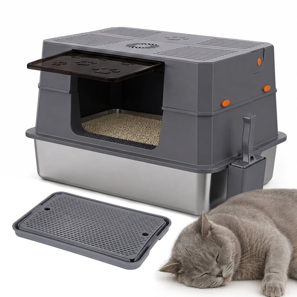 Ikodm Edelstahl Katzenklo XXXL mit hohem Rand, halb offen