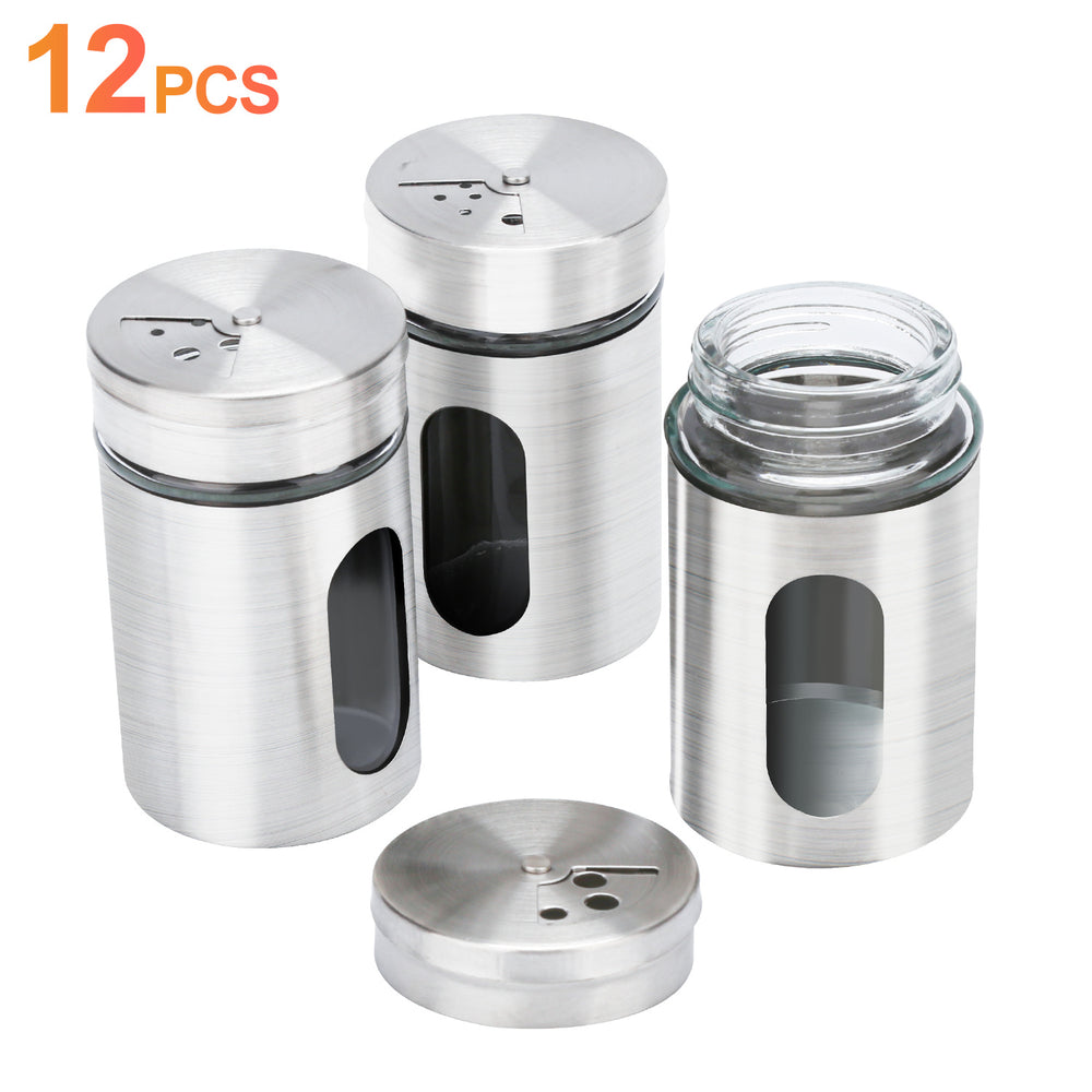 Ikodm 12tlg. Gewürzstreuer-Set aus Glas und Edelstahl