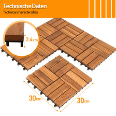 Ikodm Holzfliesen Balkon 30x30cm, Akazienholz Terrassenfliesen 11Stück 1㎡