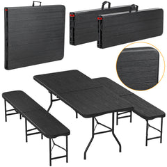 Ikodm Bierzeltgarnitur klappbar 3-teilig Set Tisch & 2X Bierbänke  Holzmaserung-Optik Gartentisch