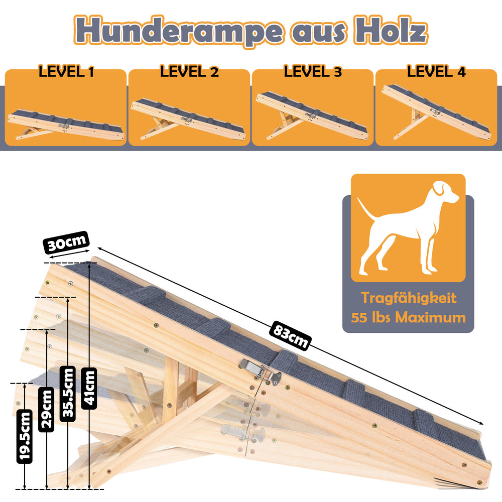 Ikodm Klappbare Hunderampe aus Kiefernholz, 4-fach höhenverstellbar, bis 25 kg