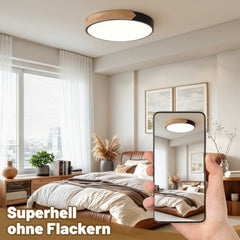Ikodm LED Deckenleuchte Ø30 cm Schwarz Holz mit Fernbedienung
