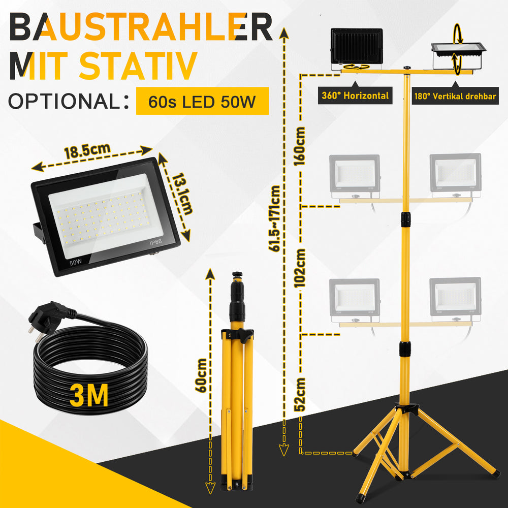 Ikodm LED Baustrahler mit Stativ 2x50-200W, 10.000 Lumen, IP66