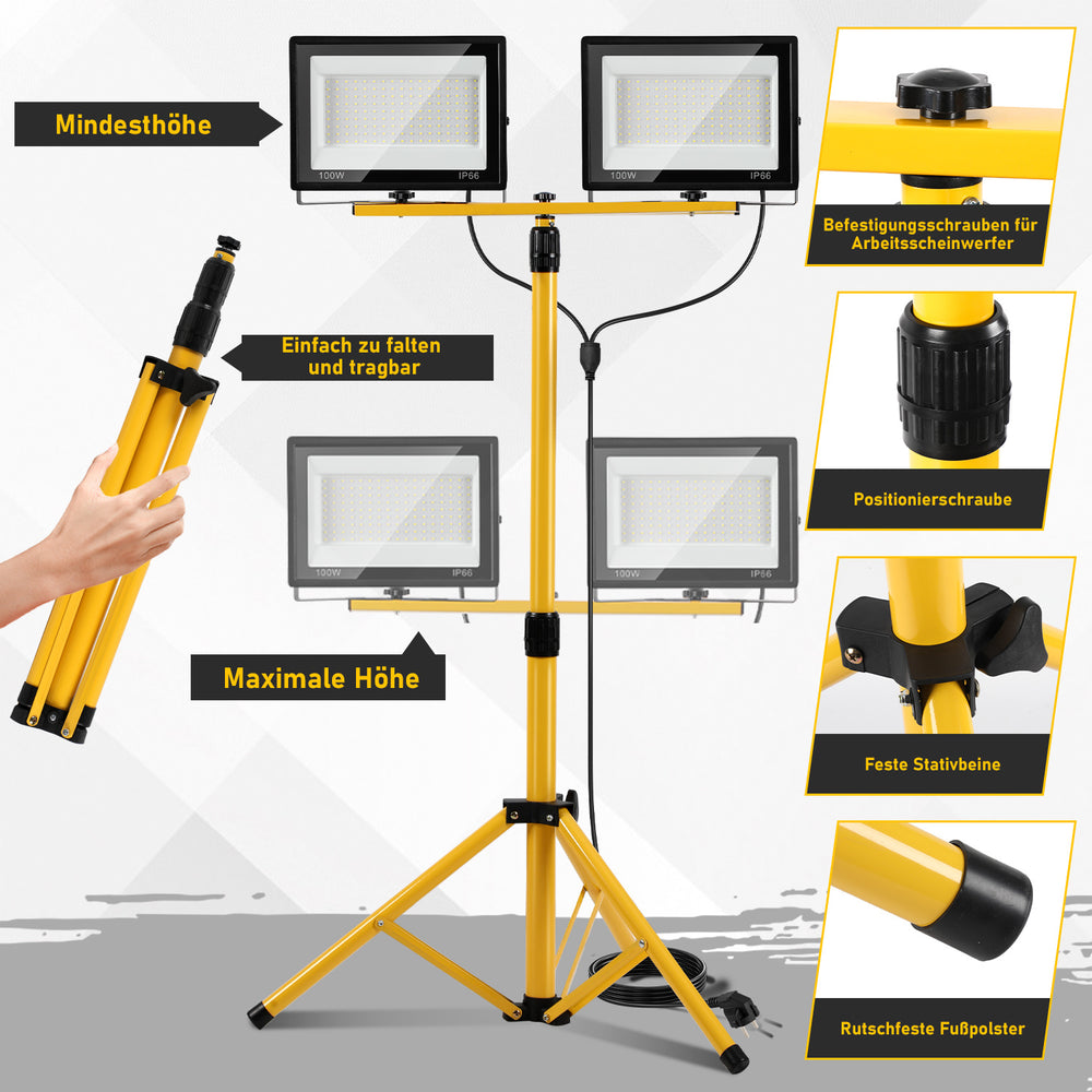 Ikodm LED Baustrahler mit Stativ 2x50-200W, 10.000 Lumen, IP66