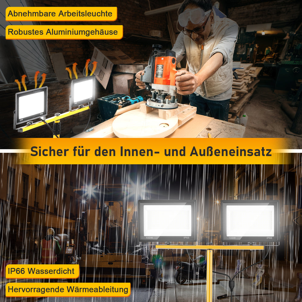 Ikodm LED Baustrahler mit Stativ 2x50-200W, 10.000 Lumen, IP66