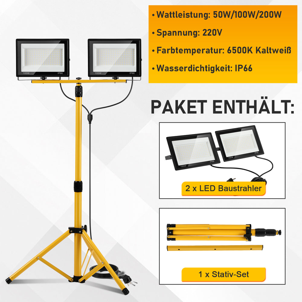 Ikodm LED Baustrahler mit Stativ 2x50-200W, 10.000 Lumen, IP66