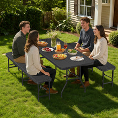 Ikodm Bierzeltgarnitur klappbar 3-teilig Set Tisch & 2X Bierbänke  Rattan-Look Gartentisch