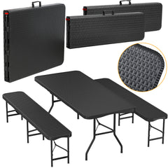 Ikodm Bierzeltgarnitur klappbar 3-teilig Set Tisch & 2X Bierbänke  Rattan-Look Gartentisch
