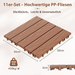 Ikodm Terrassenfliesen, 11 Stück Klickfliesen aus Kunststoff, 30 × 30 × 2 cm, ca. 1 m², für Balkon, Terrasse, Garten und Pool
