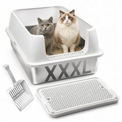 Ikodm Edelstahl Katzentoilette XXXL, halb offen mit hohem Rand, Weiß