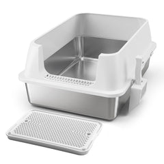 Ikodm Edelstahl Katzentoilette XXXL, halb offen mit hohem Rand, Weiß