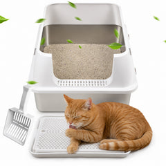 Ikodm Edelstahl Katzentoilette XXXL, halb offen mit hohem Rand, Weiß