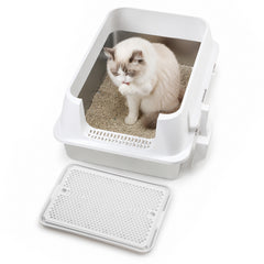 Ikodm Edelstahl Katzentoilette XXXL, halb offen mit hohem Rand, Weiß