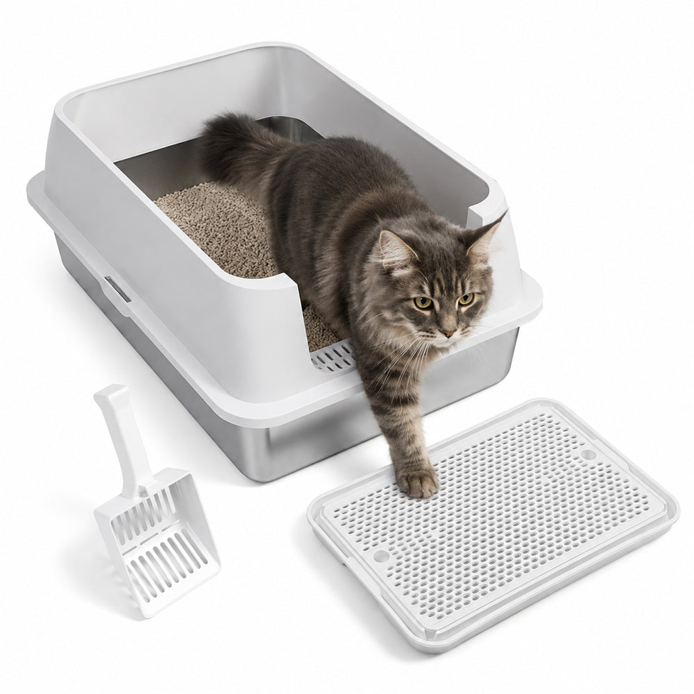 Ikodm Edelstahl Katzentoilette XXXL, halb offen mit hohem Rand, Weiß