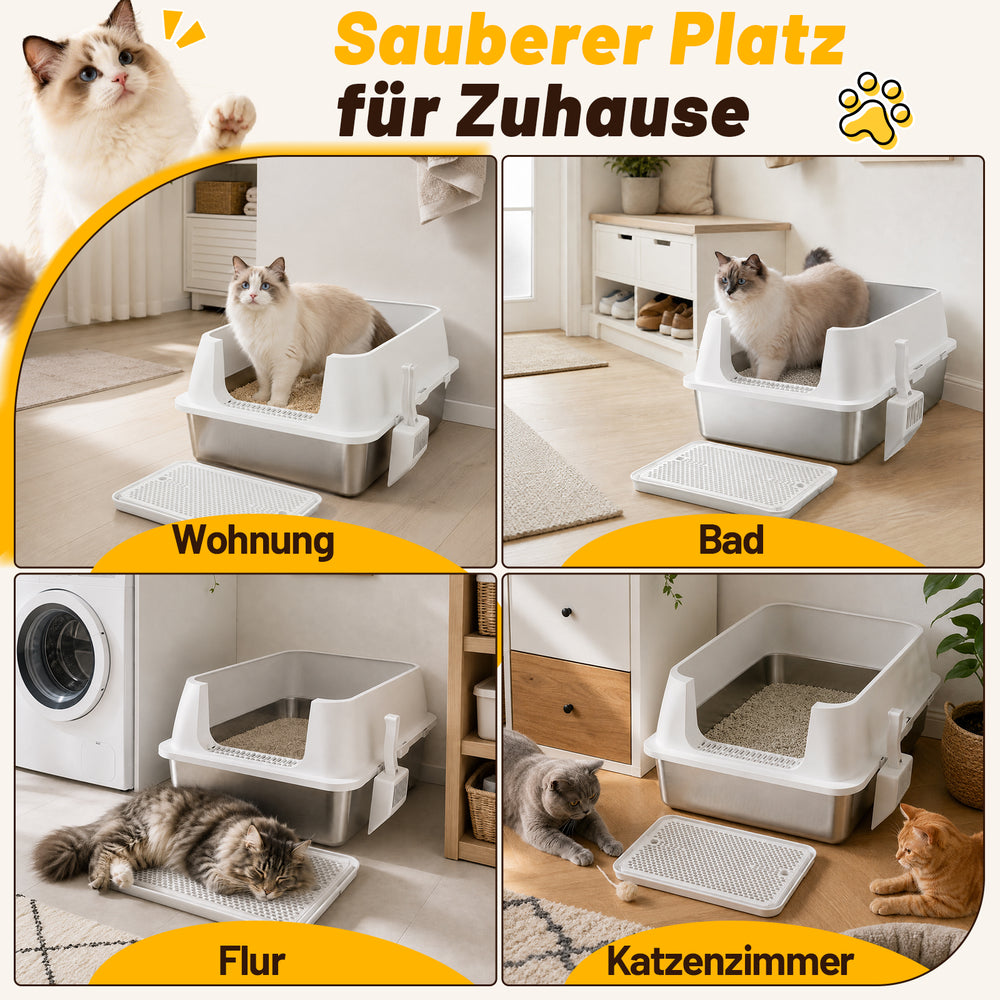 Ikodm Edelstahl Katzentoilette XXXL, halb offen mit hohem Rand, Weiß