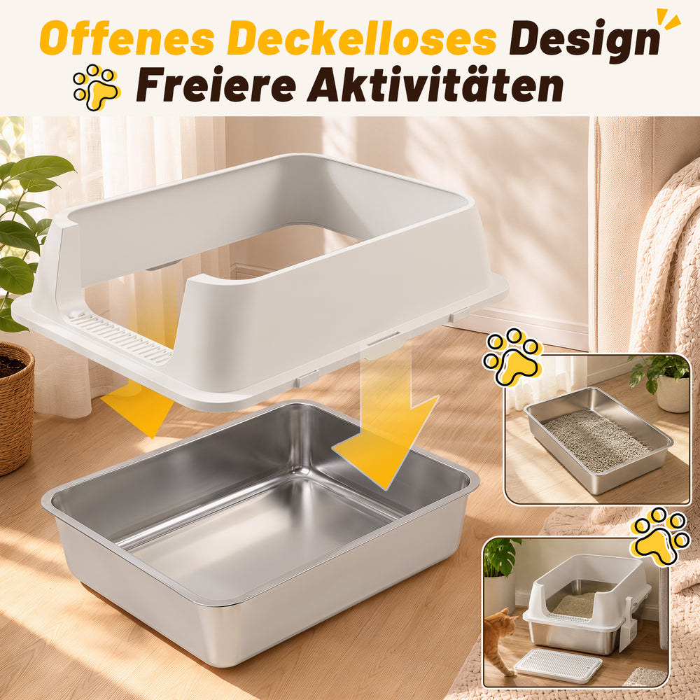 Ikodm Edelstahl Katzentoilette XXXL, halb offen mit hohem Rand, Weiß